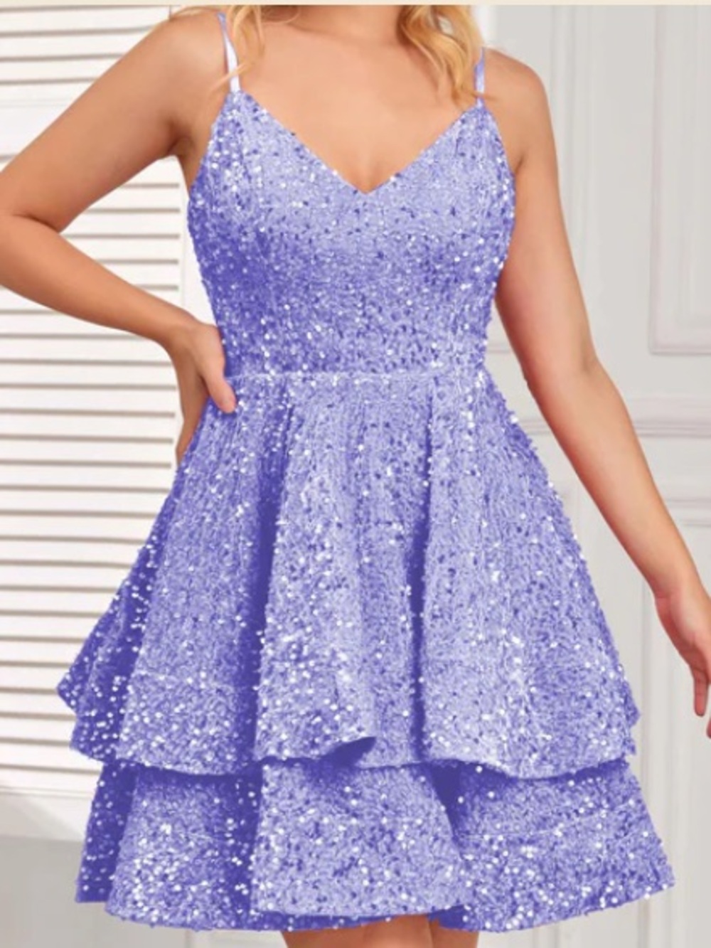 Lavender Sequin Party Dress with Spaghetti Straps